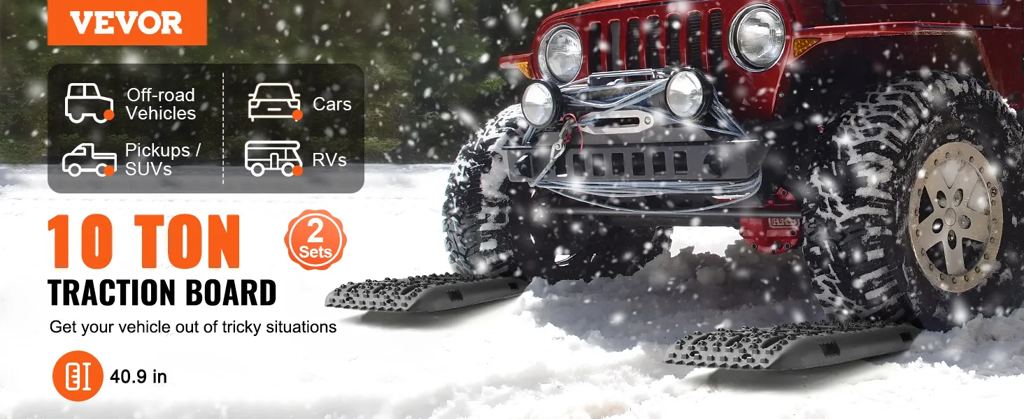 Las tablas de tracción VEVOR ayudan a que un 4x4 rojo se despegue de la nieve, adecuadas para vehículos todoterreno, SUV y casas rodantes.