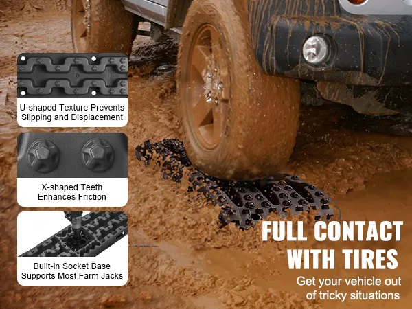 Tablas de tracción VEVOR debajo de los neumáticos del SUV en terrenos fangosos, que muestran una textura en forma de U y dientes en forma de X.