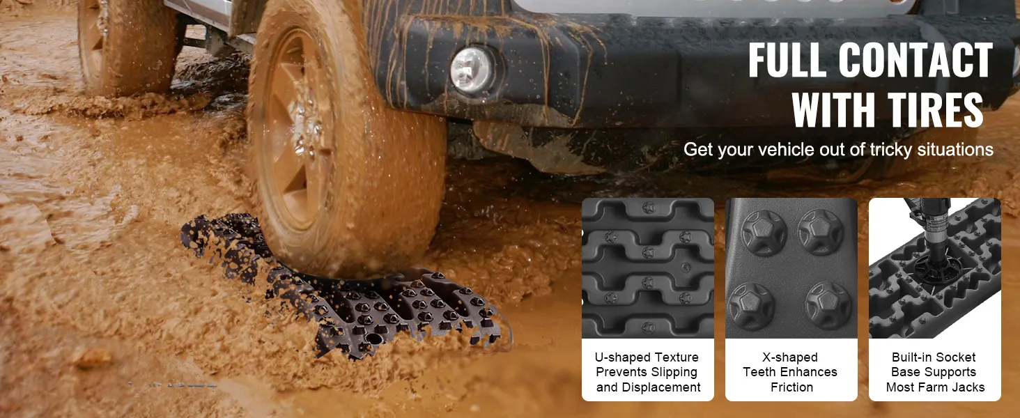 Tablas de tracción VEVOR debajo de los neumáticos del SUV en terrenos fangosos, que muestran una textura en forma de U y dientes en forma de X.