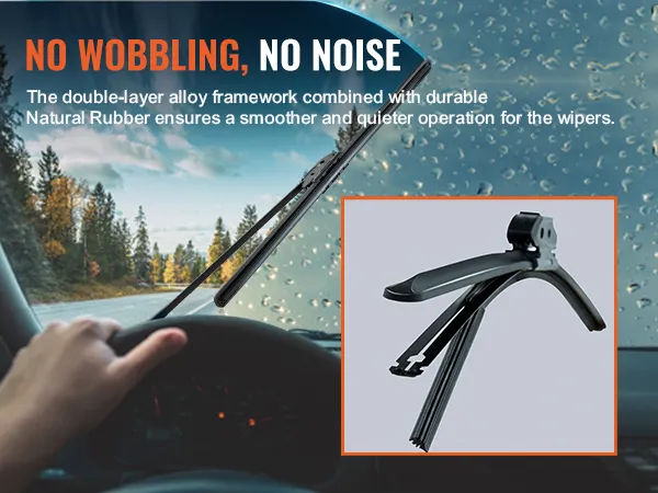 VEVOR wiper blades in action, displaying smooth and quiet operation on a rainy day with forest background.