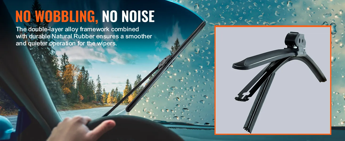 VEVOR wiper blades in action, displaying smooth and quiet operation on a rainy day with forest background.