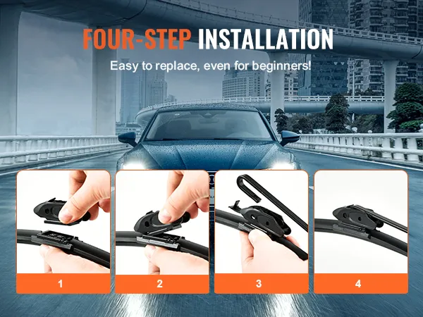 four-step installation guide for VEVOR wiper blades, easy replacement suitable for beginners.