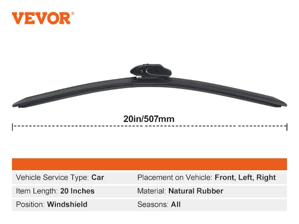 VEVOR wiper blades, 20 inches, natural rubber, fits car windshield front, left, right, all seasons.