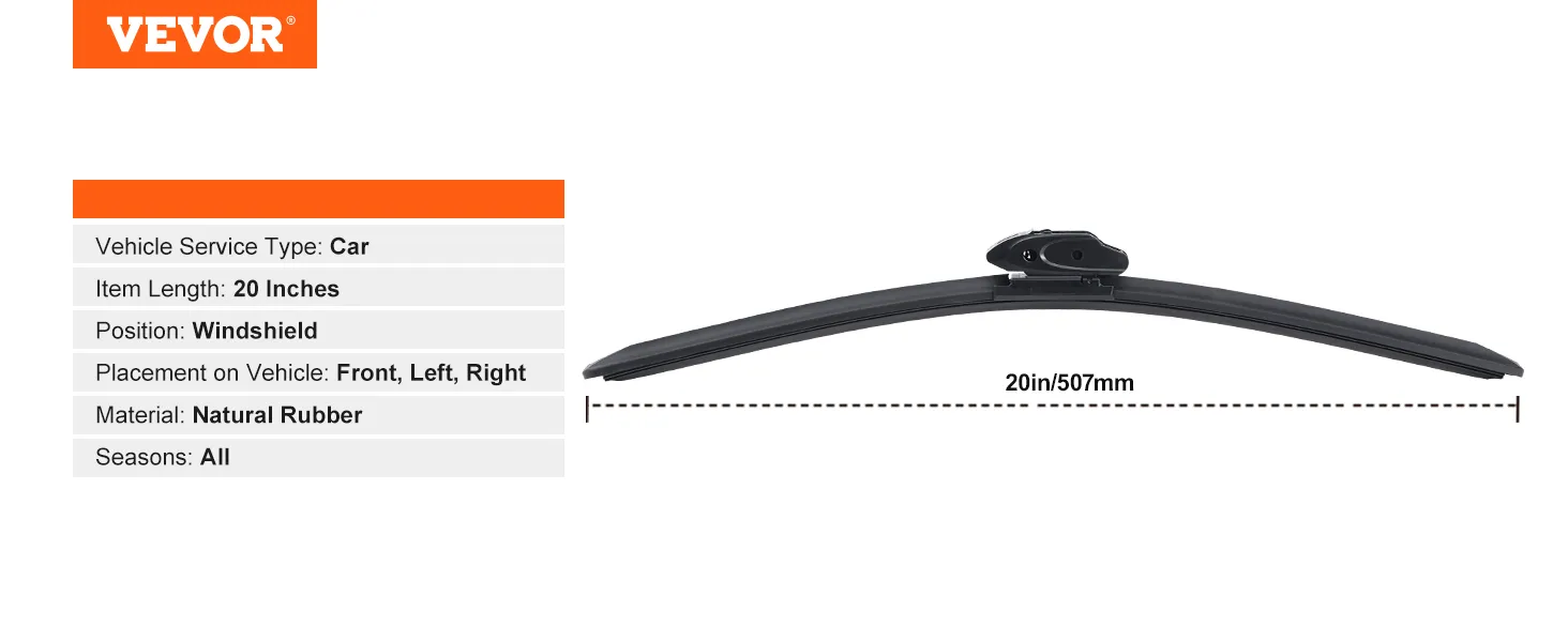 VEVOR wiper blades, 20 inches, natural rubber, fits car windshield front, left, right, all seasons.