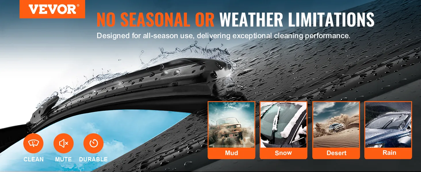 VEVOR wiper blades for all-season use, effective in mud, snow, desert, and rain conditions. clean, mute, durable.