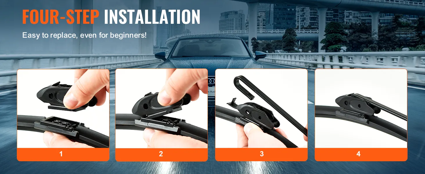 four-step installation guide of VEVOR wiper blades with easy-to-follow instructions and an urban background.