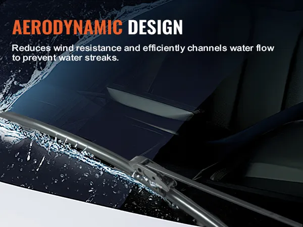 Escobillas limpiaparabrisas VEVOR con diseño aerodinámico que reduce la resistencia al viento y evita las rayas de agua.