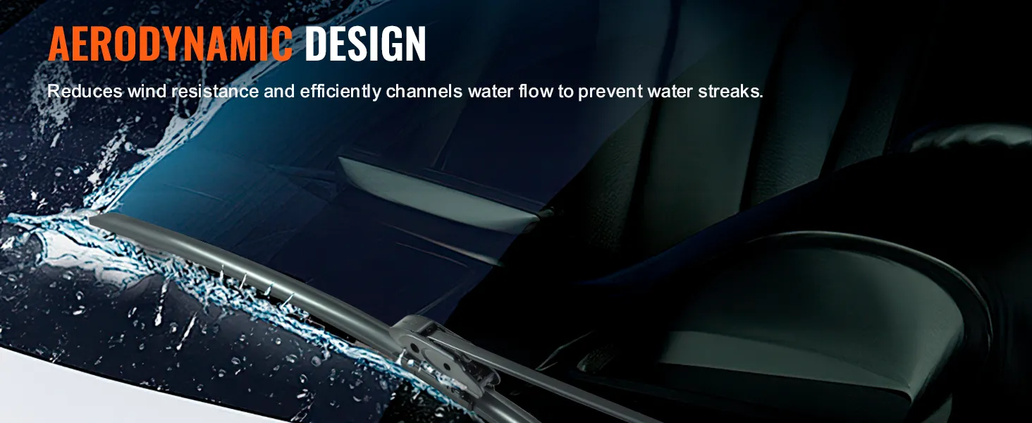 Escobillas limpiaparabrisas VEVOR con diseño aerodinámico que reduce la resistencia al viento y evita las rayas de agua.