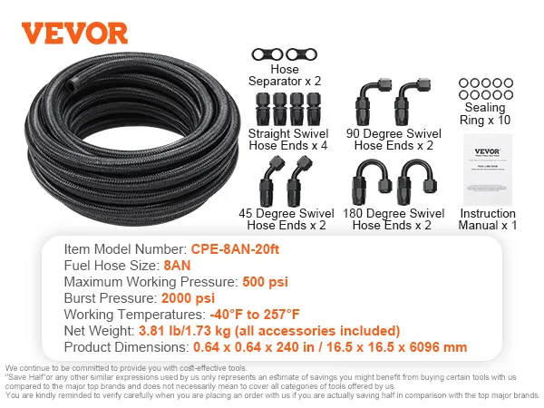 VEVOR 8an fuel line kit with swivel hose ends, hose separator, sealing rings, and instruction manual.