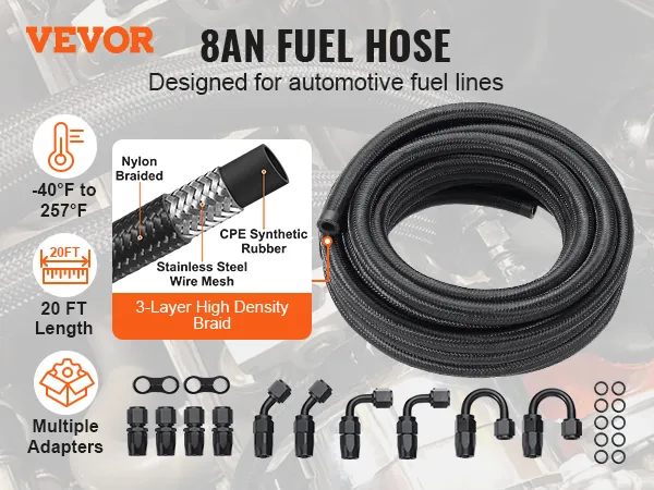 VEVOR 8an fuel line kit, nylon braided, 20 ft length, multiple adapters, temp range -40°f to 257°f.