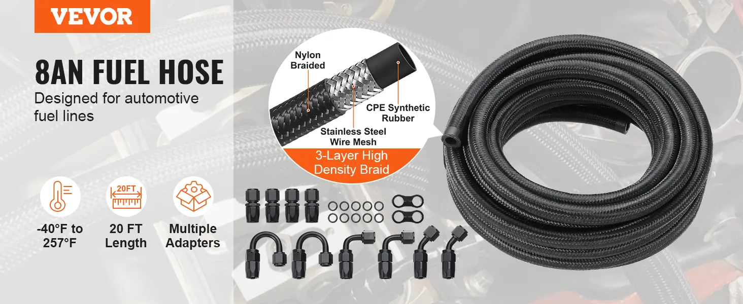 VEVOR 8an fuel line kit, nylon braided, 20 ft length, multiple adapters, temp range -40°f to 257°f.