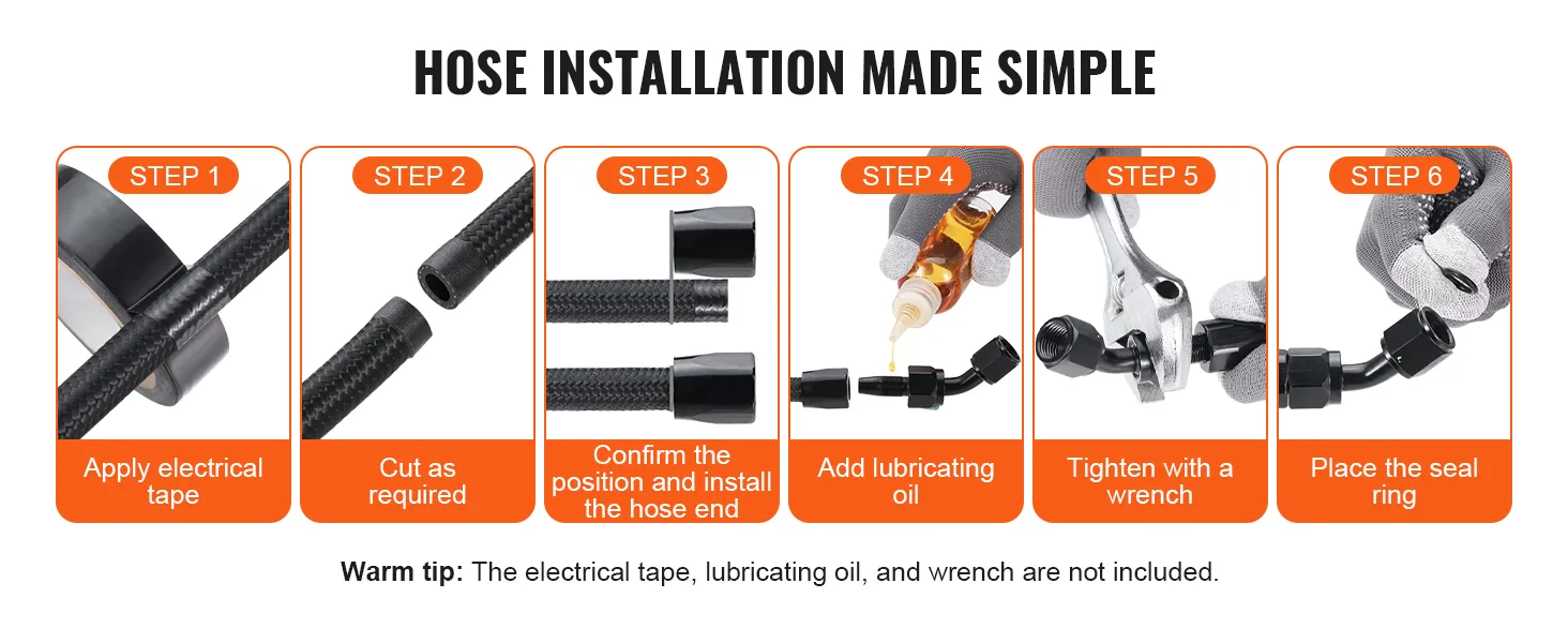 VEVOR 8an fuel line kit installation process: apply tape, cut, install, lubricate, tighten, and seal.