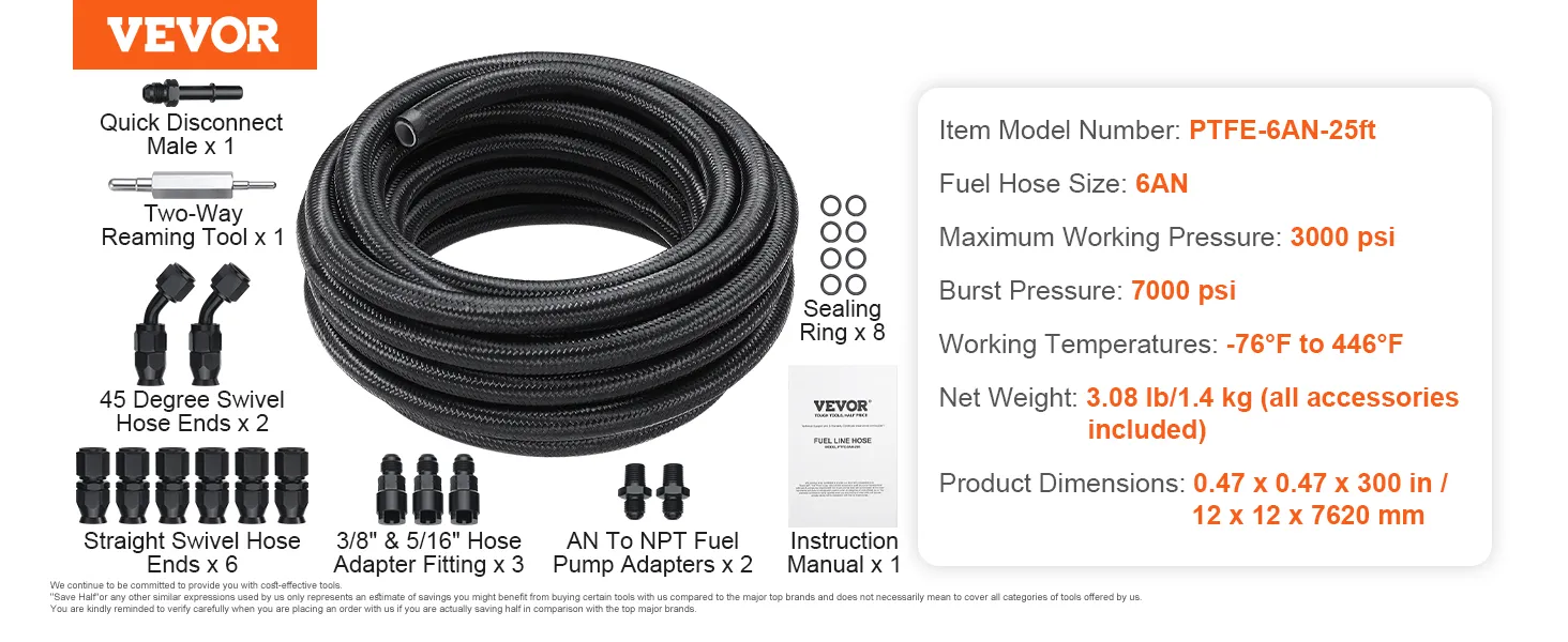 VEVOR 6an fuel line kit with fittings, tools, and accessories. compatible with 3000 psi max pressure.