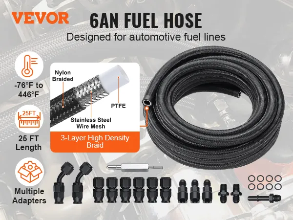 VEVOR 6an fuel line kit: nylon braided, stainless steel wire mesh, 25ft length, multiple adapters.