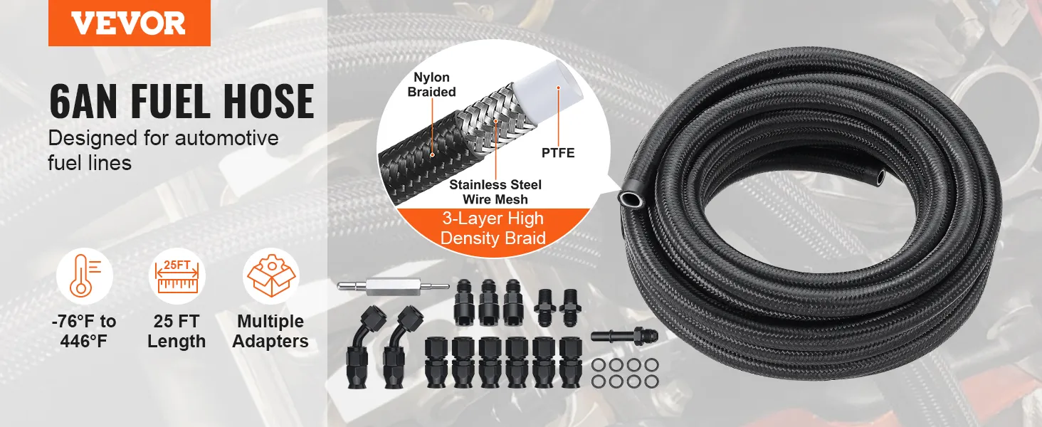 VEVOR 6an fuel line kit: nylon braided, stainless steel wire mesh, 25ft length, multiple adapters.