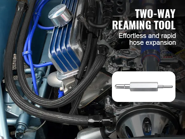 VEVOR 6an fuel line kit installed in engine with two-way reaming tool for rapid hose expansion.