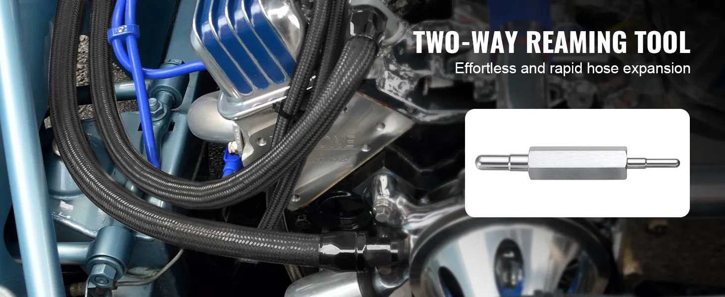 VEVOR 6an fuel line kit installed in engine with two-way reaming tool for rapid hose expansion.