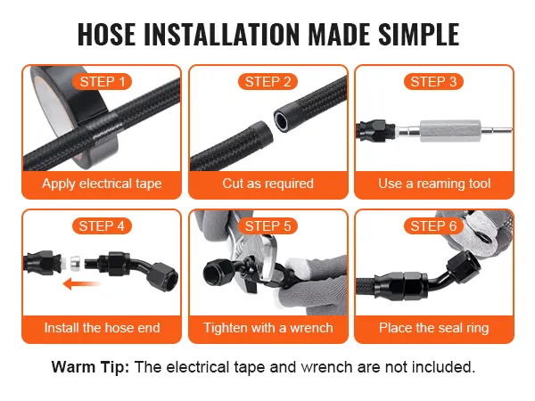 VEVOR 6an fuel line kit installation guide with six steps: tape, cut, ream, install, tighten, seal.