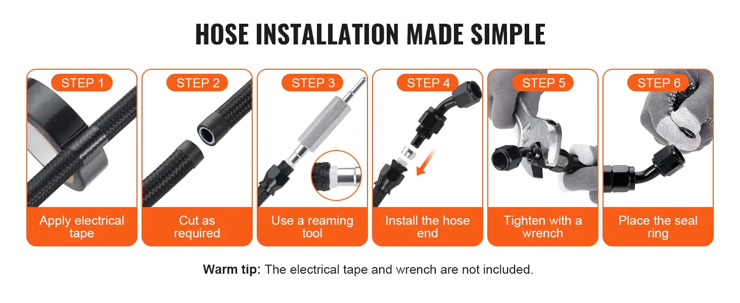VEVOR 6an fuel line kit installation guide with six steps: tape, cut, ream, install, tighten, seal.