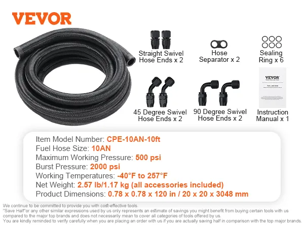 VEVOR fuel line kit with 90°, 45°, and straight swivel hose ends, sealing rings, and a hose separator.