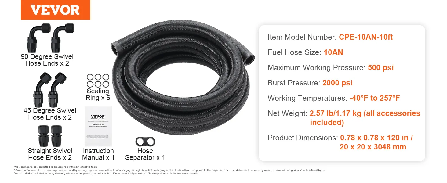 VEVOR fuel line kit with 90°, 45°, and straight swivel hose ends, sealing rings, and a hose separator.