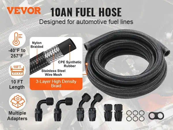 VEVOR fuel line kit includes a 10ft 10an fuel hose, multiple adapters, and withstands -40°f to 257°f.