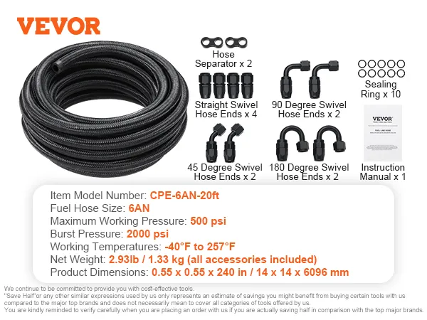 VEVOR fuel line kit: 20ft 6an hose with swivel hose ends, hose separator, sealing rings, and manual.