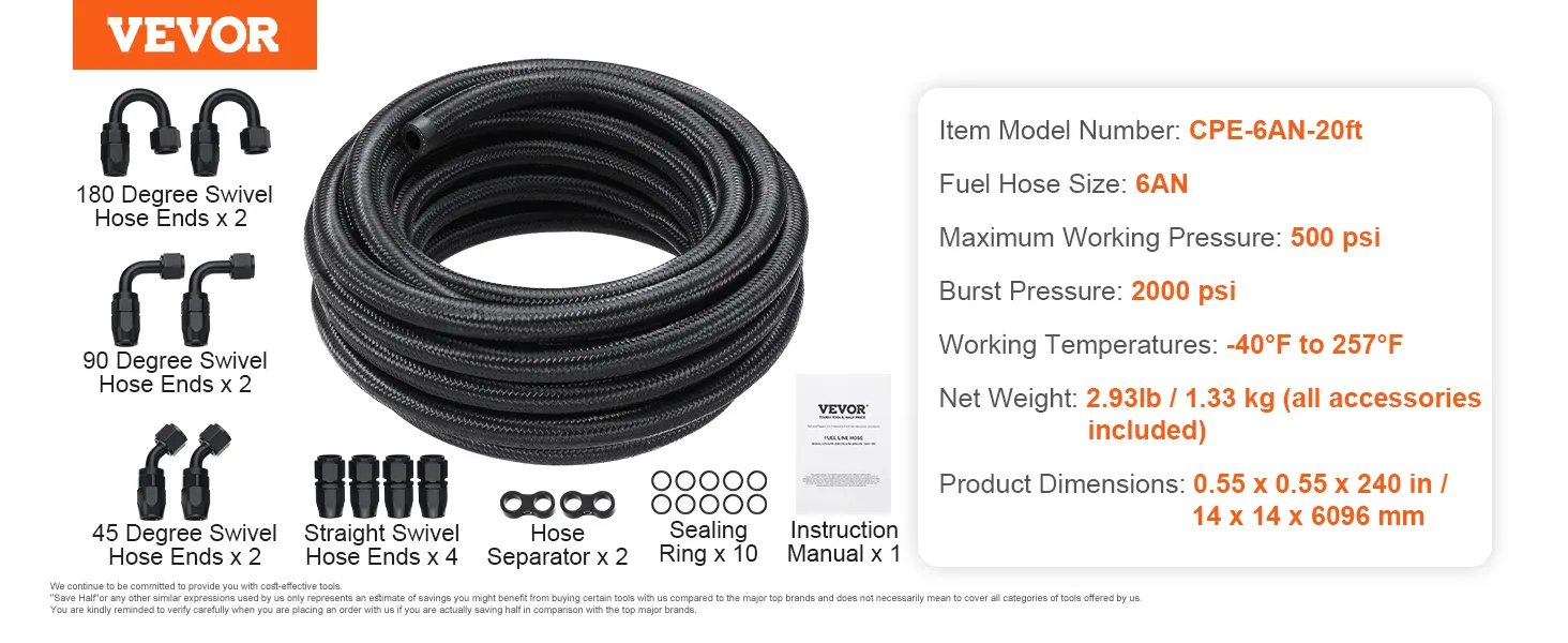 VEVOR fuel line kit: 20ft 6an hose with swivel hose ends, hose separator, sealing rings, and manual.
