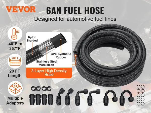 VEVOR fuel line kit with 6an fuel hose, 20ft length, multiple adapters, temp range -40°f to 257°f.
