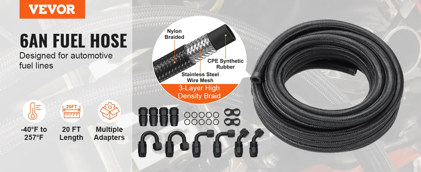 VEVOR fuel line kit with 6an fuel hose, 20ft length, multiple adapters, temp range -40°f to 257°f.