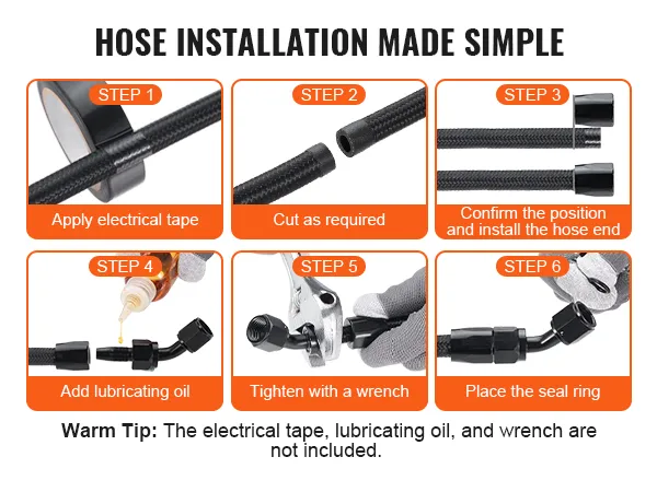 VEVOR fuel line kit installation steps: tape, cut, install, lubricate, tighten, seal.