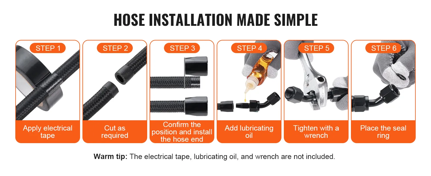 VEVOR fuel line kit installation steps: tape, cut, install, lubricate, tighten, seal.