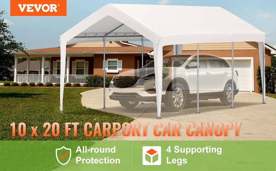 Marquesina para cochera VEVOR de 3 x 6 m con protección integral y 4 patas de apoyo delante de la casa.