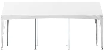 Marquesina para cochera VEVOR con cubierta blanca, sostenida por robustos postes metálicos, que ofrece una protección versátil.