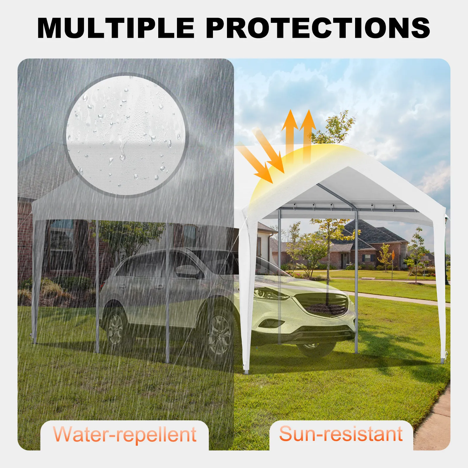 Marquesina para cochera VEVOR que presenta protecciones impermeables y resistentes al sol para vehículos.