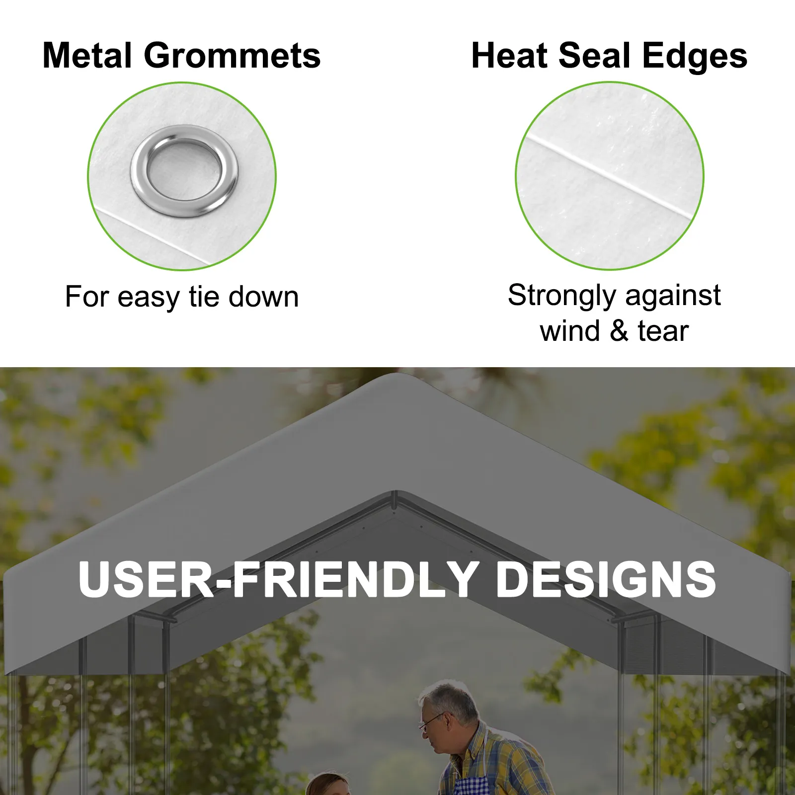 Marquesina para cochera VEVOR con ojales de metal y bordes termosellados para mayor durabilidad y resistencia al viento.