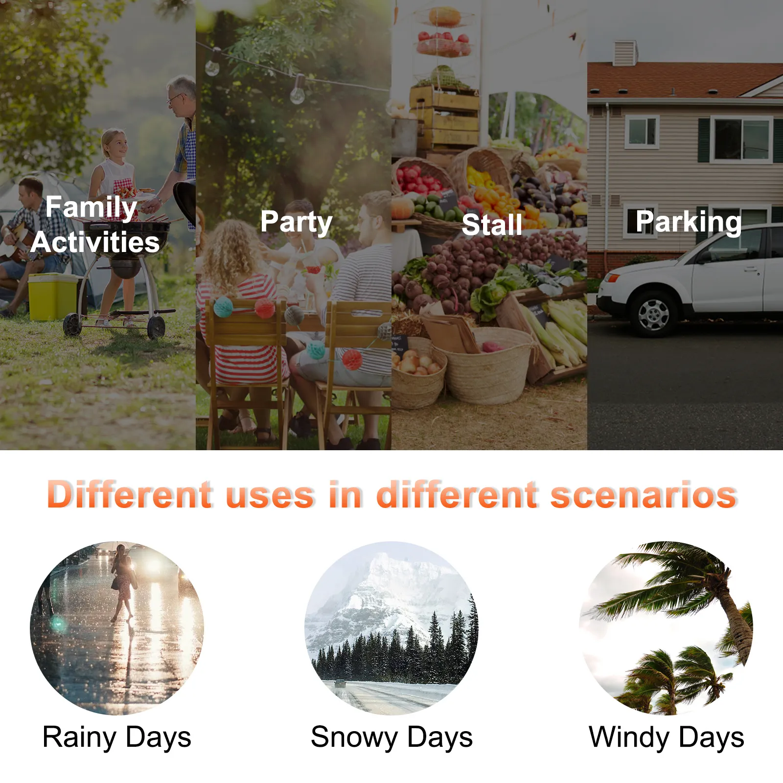 Marquesina para cochera VEVOR que exhibe actividades familiares, fiestas, puestos, estacionamiento; ideal para días lluviosos, nevados y ventosos.