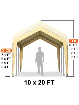 VEVOR carport canopy dimensions diagram, 10 x 20 ft with heights marked on sides and top sections.