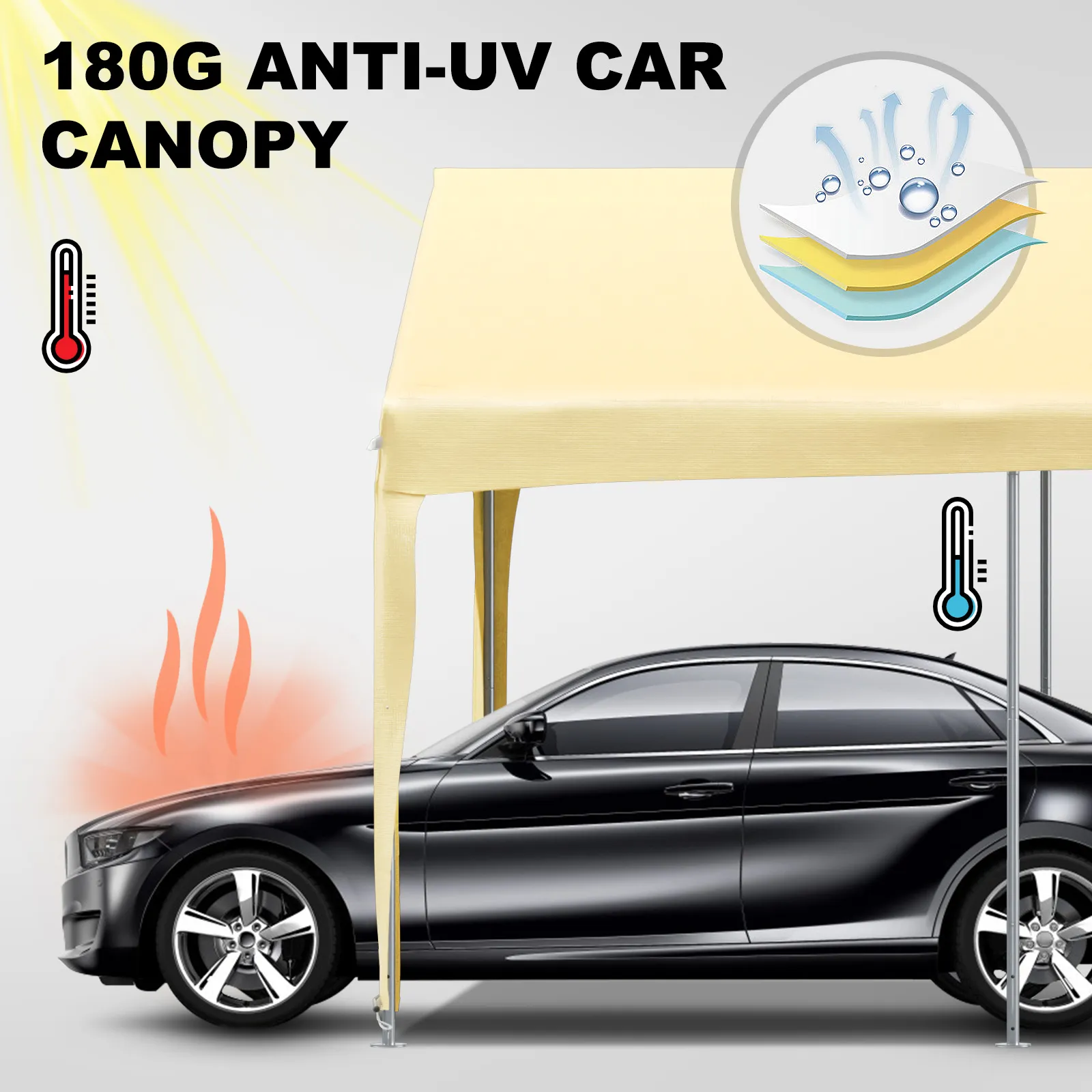 VEVOR carport canopy protecting a car from uv rays, showcasing a heat and water-resistant cover.