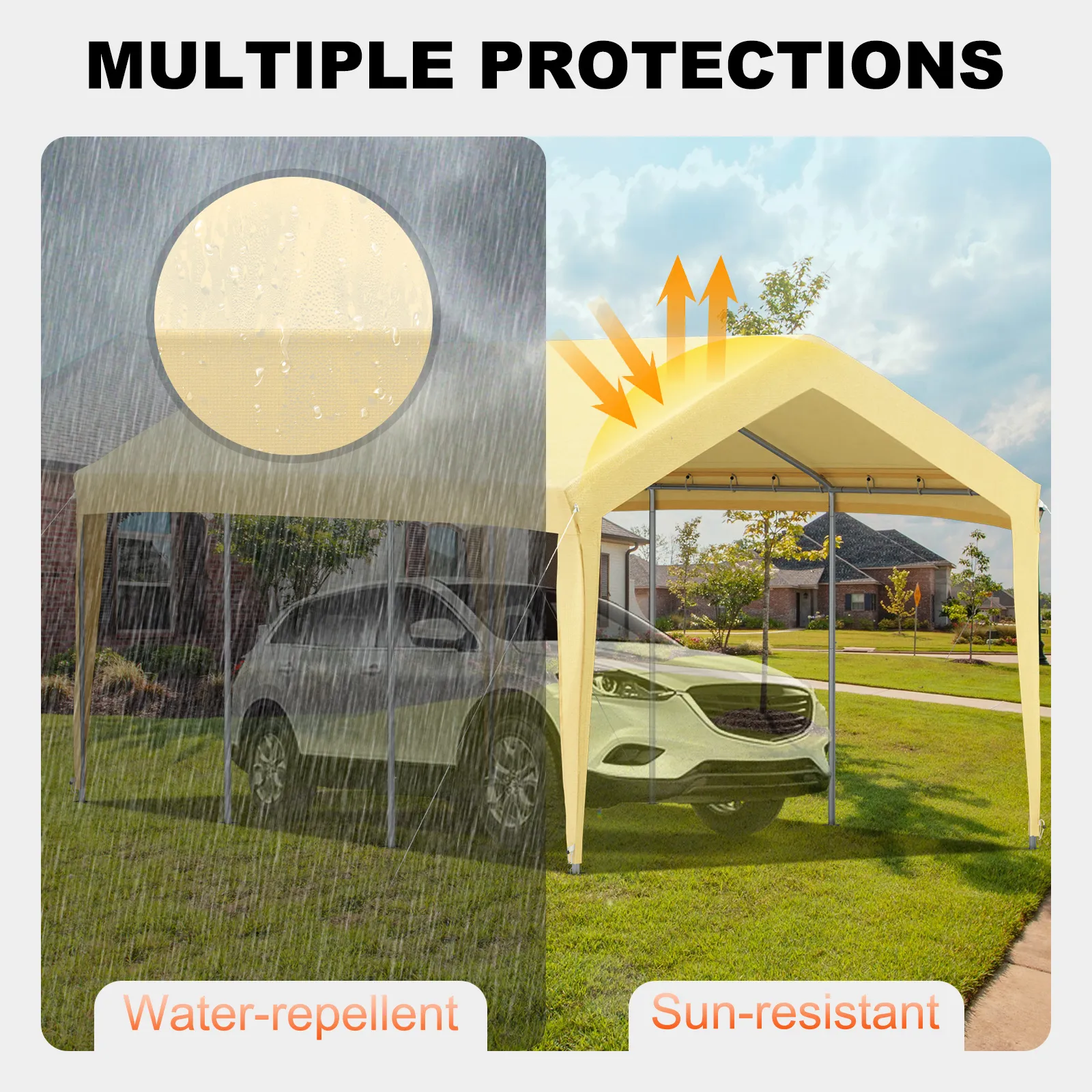 VEVOR carport canopy showcasing water-repellent and sun-resistant features for multiple protections.
