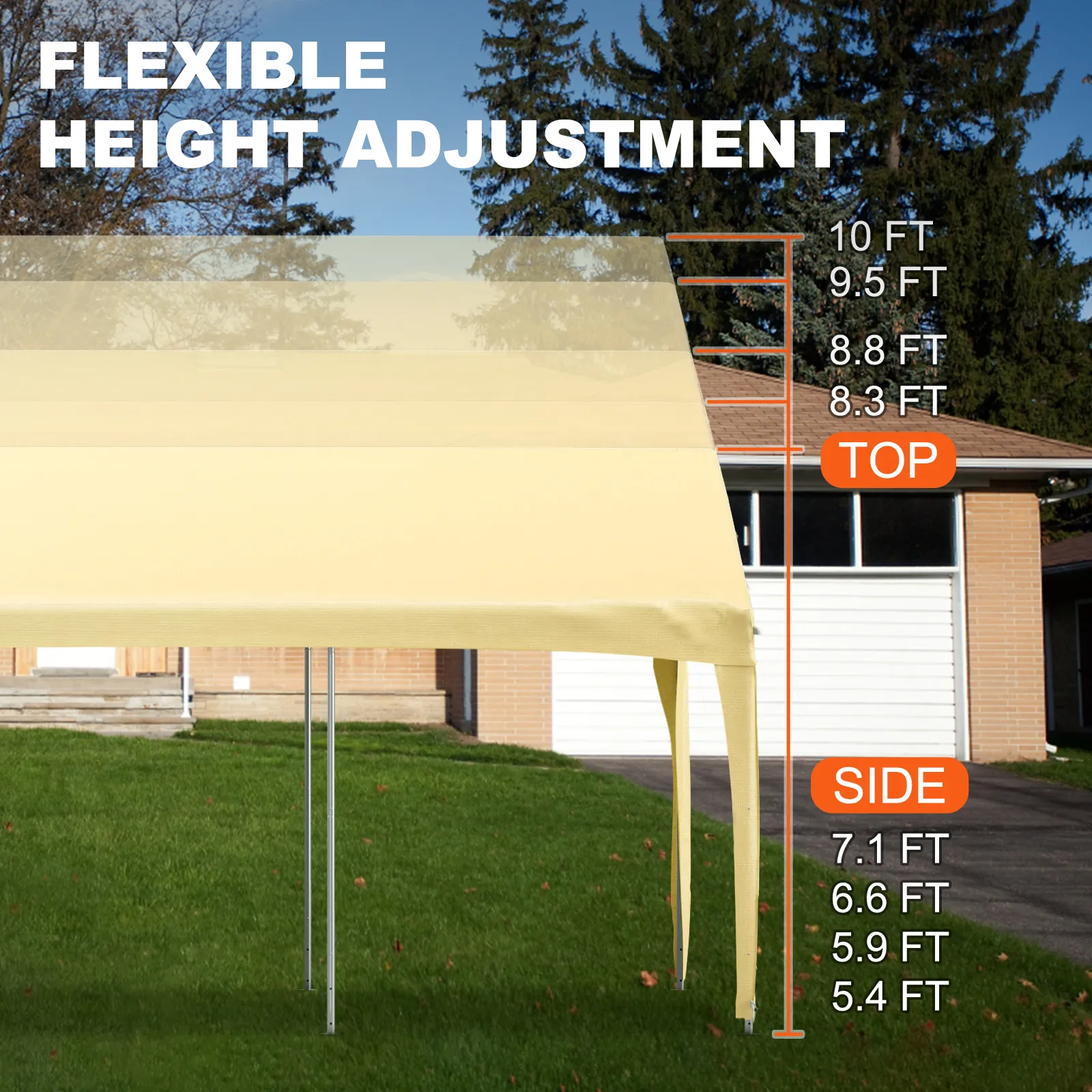 VEVOR carport canopy with adjustable height options from 10 ft to 5.4 ft, in front of a garage.