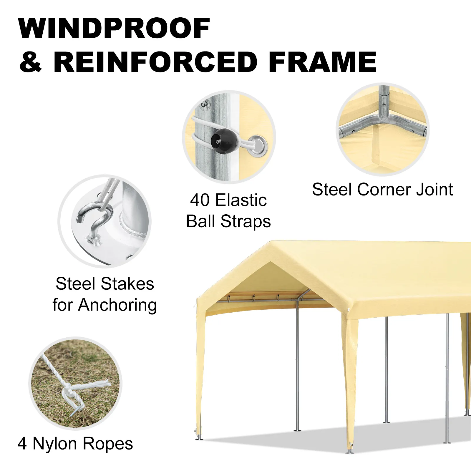 VEVOR carport canopy with windproof reinforced frame, steel stakes, nylon ropes, and elastic ball straps.