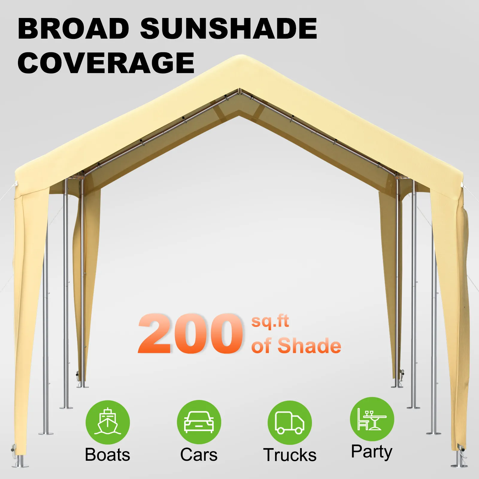 VEVOR carport canopy providing 200 sq. ft. of shade, ideal for boats, cars, trucks, and parties.