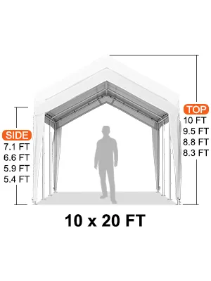 Marquesina para cochera VEVOR de 10 x 20 pies con medidas de altura en los lados y la parte superior, silueta de una persona en el interior