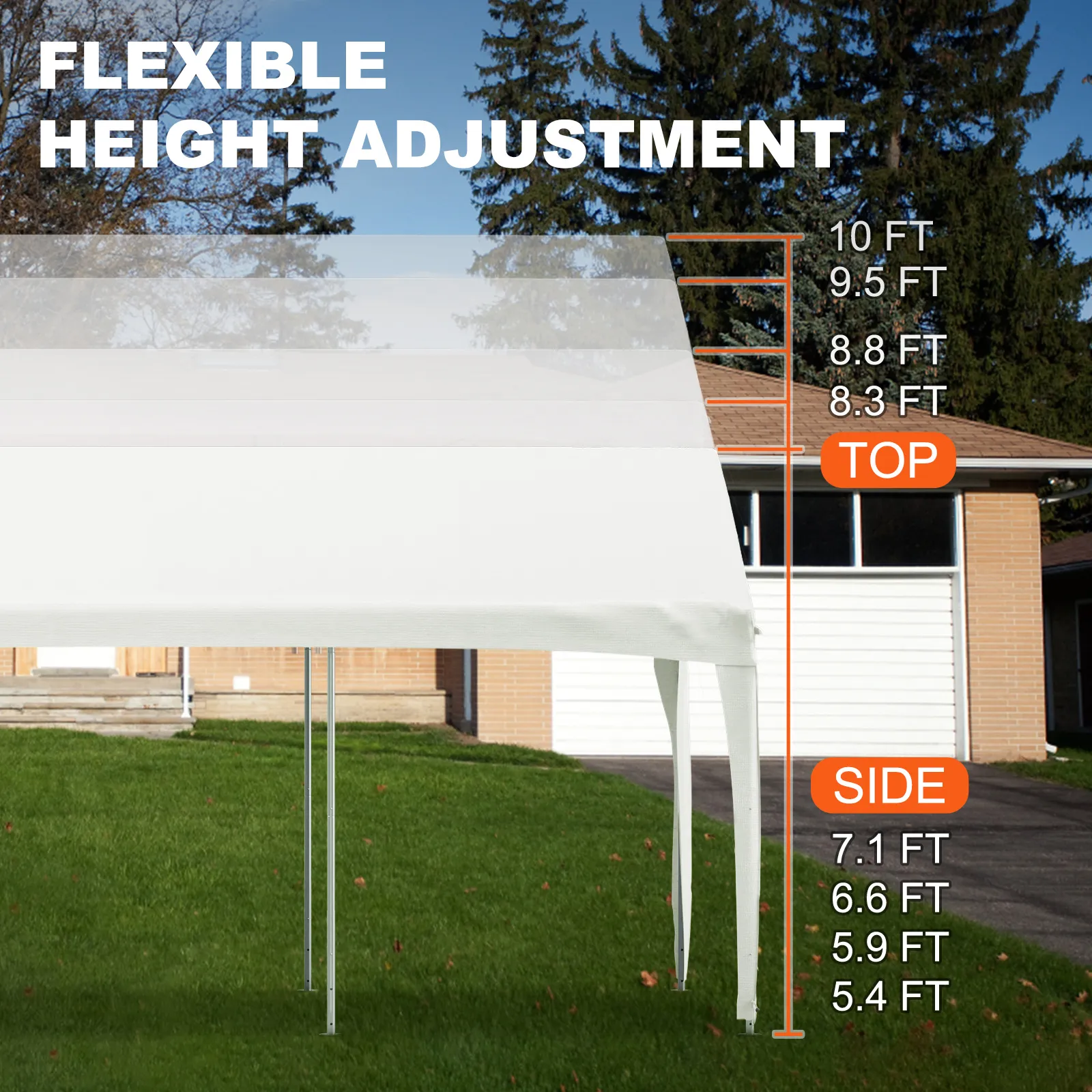 Marquesina para cochera VEVOR con ajuste de altura flexible, de 3 m a 1,6 m, delante de un garaje.