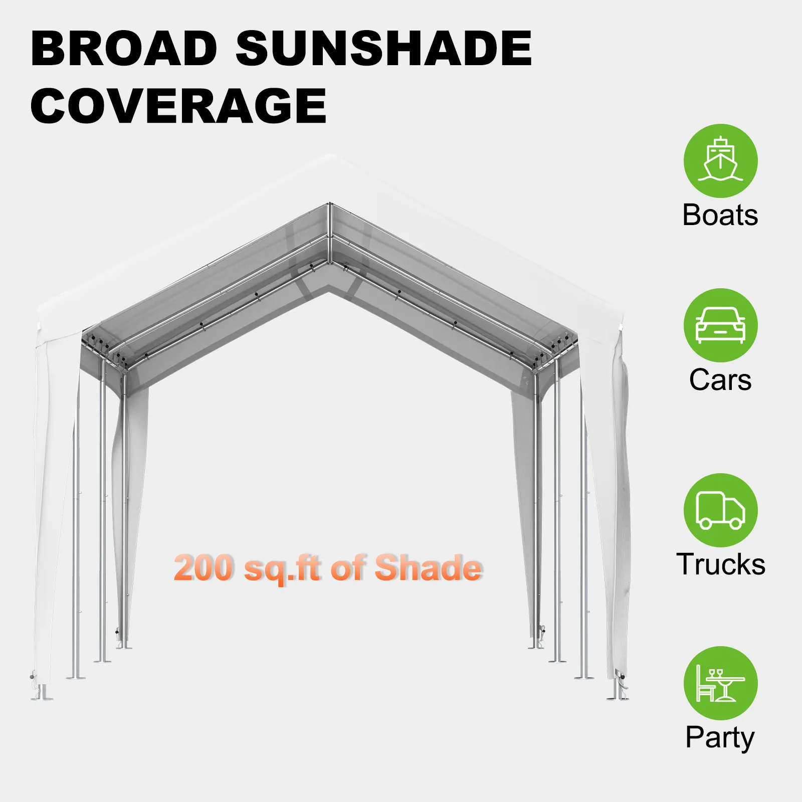 El toldo para cochera VEVOR proporciona una amplia cobertura de protección solar, 200 pies cuadrados de sombra para barcos, automóviles, camiones y fiestas.
