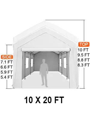 Marquesina para cochera VEVOR de 10 x 20 pies con medidas de altura, ventanas laterales y figura de silueta gris en el interior.