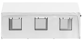 Marquesina para cochera VEVOR de color blanco con tres ventanas de malla en el lateral.