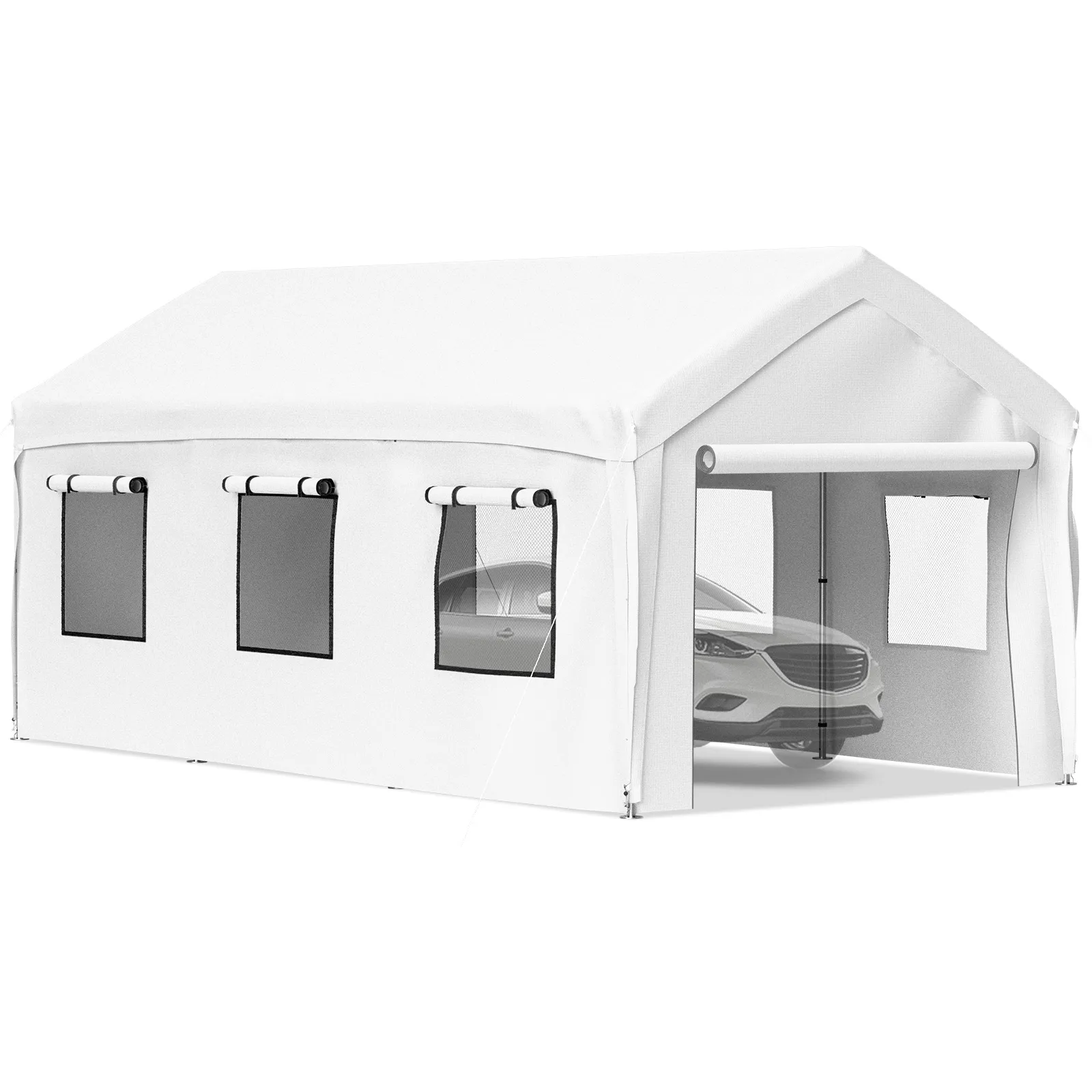 Marquesina para cochera VEVOR en color blanco con ventanas de malla y puerta enrollable delantera, que protege un coche aparcado.