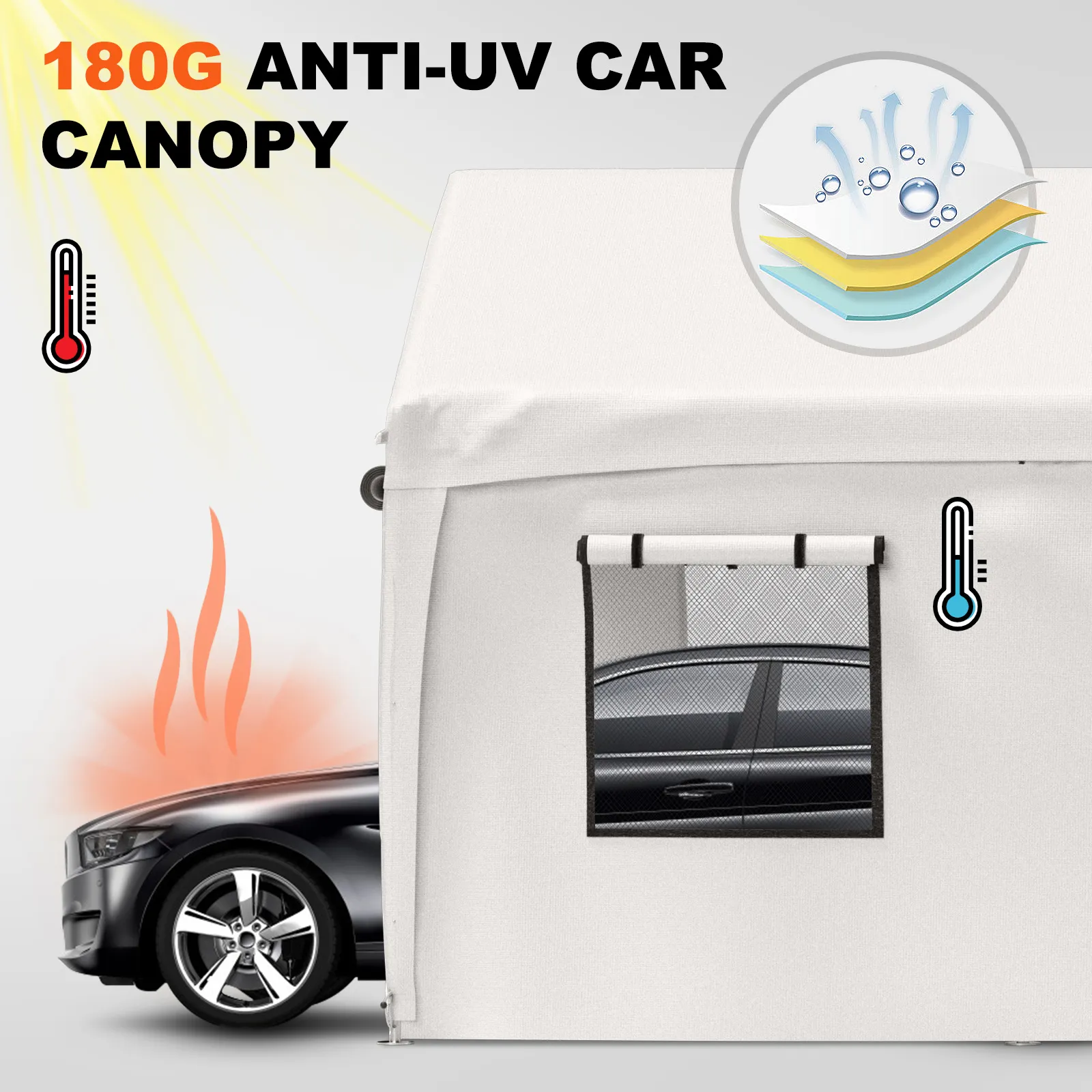 Toldo para cochera VEVOR anti-UV de 180 g con ventana lateral, que protege el automóvil negro del calor y la luz solar.